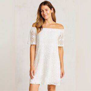 Chico’s White Lace Crochet Off the Shoulder Shift Dress size 3